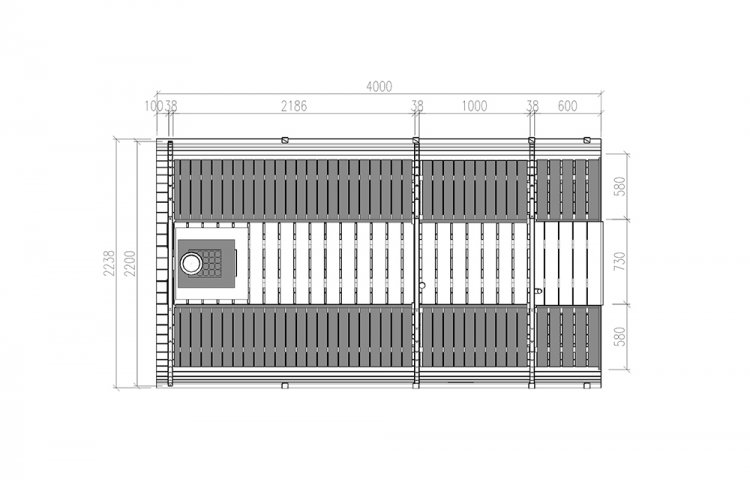 Sauna Barrel Ø2.2 x 4 m with 1 m changing room and 0.6 m terrace plan