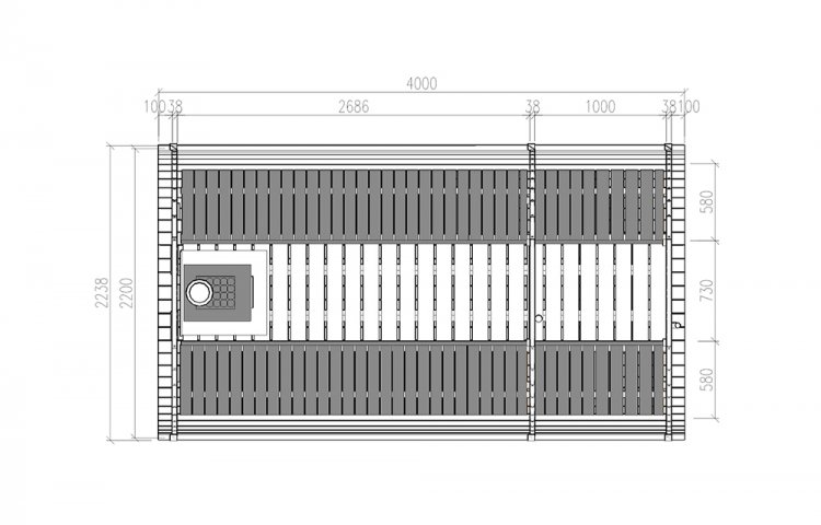 Sauna Barrel Ø2.2 x 4 m with 1 m changing room plan